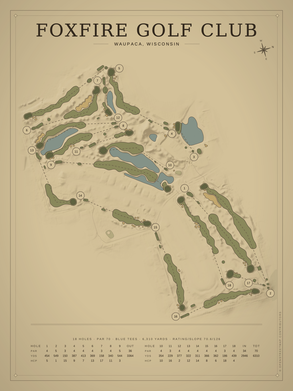 Foxfire Golf Club course map poster, Vintage style, 12×16 / 18×24