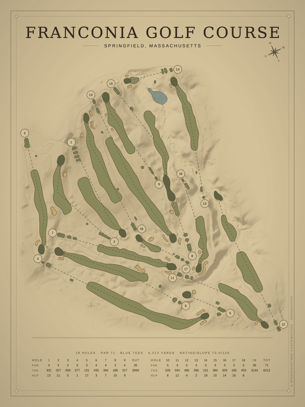 Franconia Golf Course map poster, Vintage style, 12×16 / 18×24