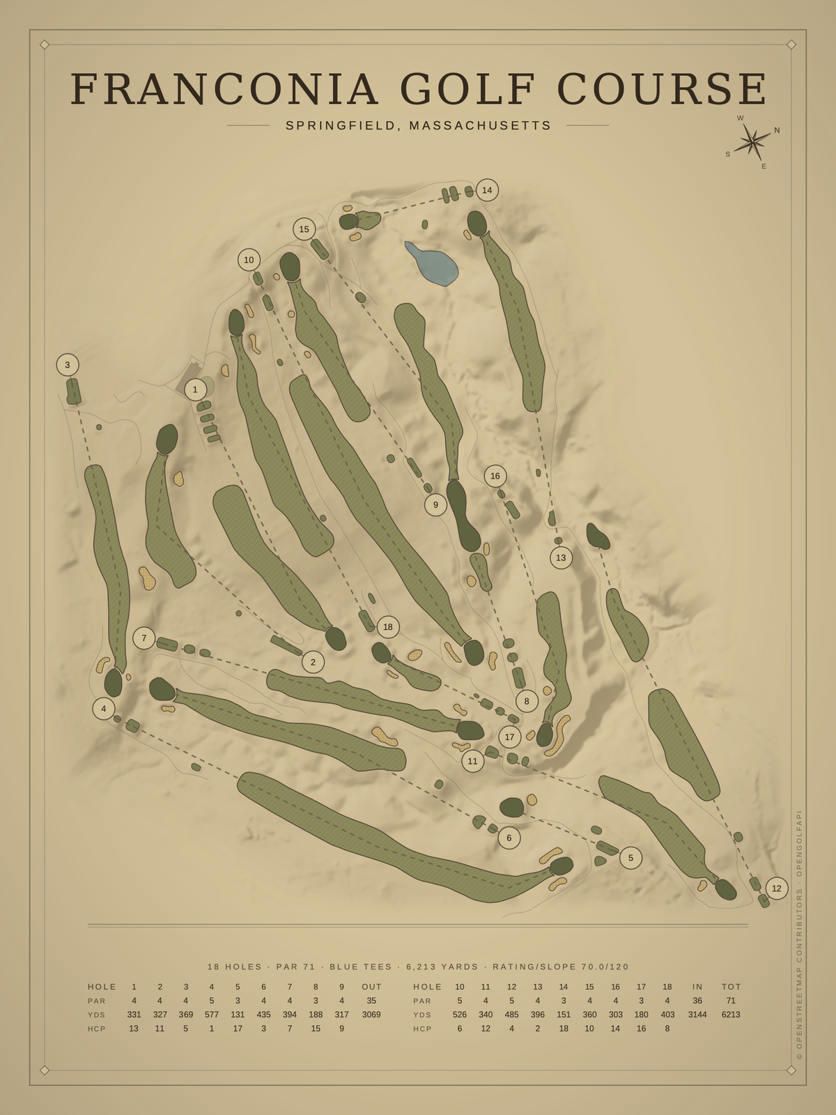 Franconia Golf Course map poster, Vintage style, 12×16 / 18×24