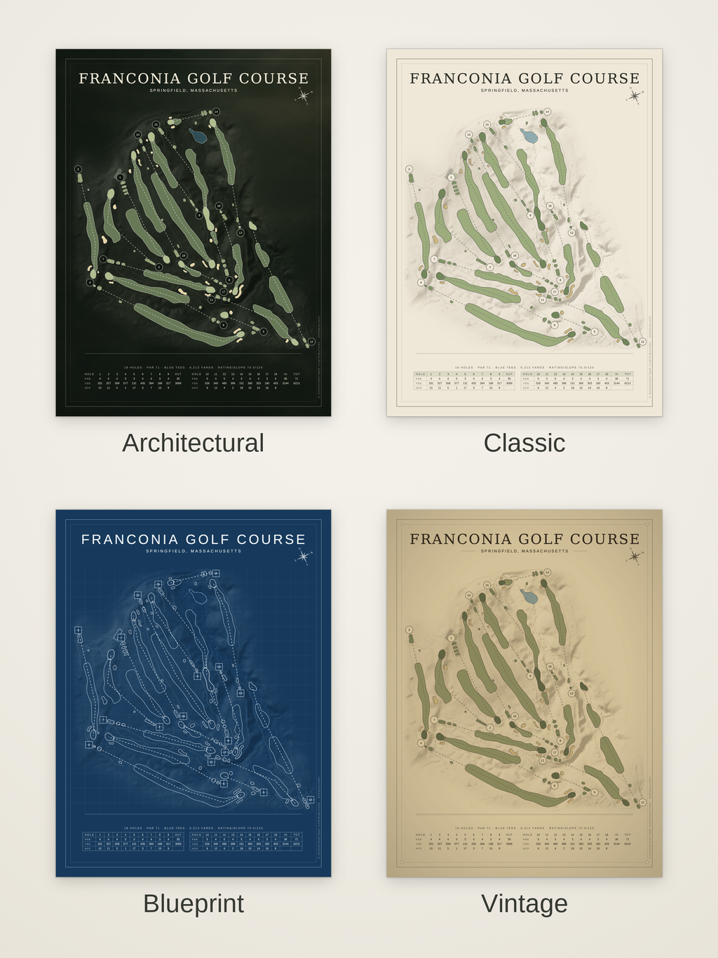 Franconia Golf Course map poster in four styles: Architectural, Classic, Blueprint and Vintage