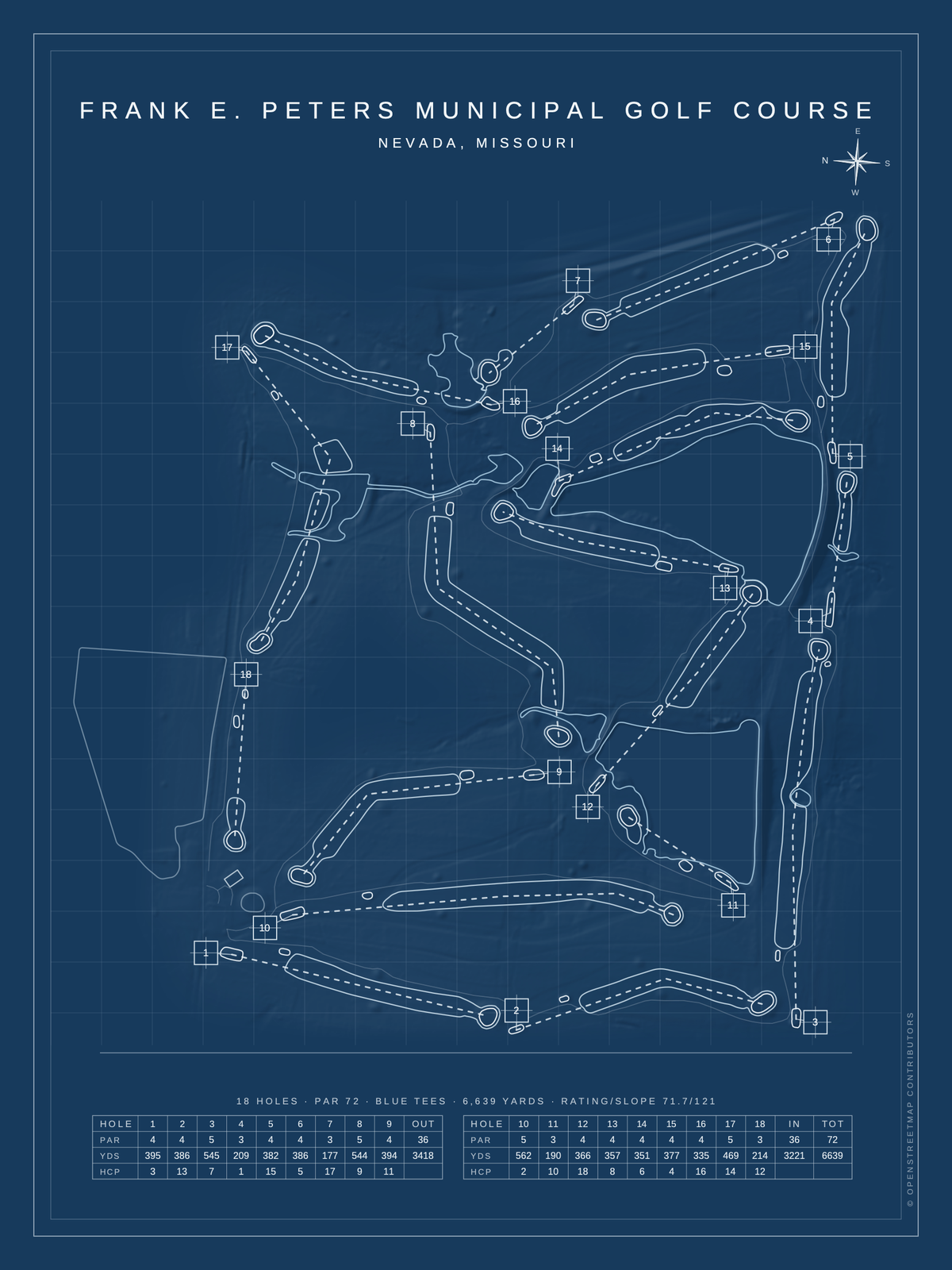 Frank E. Peters Municipal Golf Course map poster, Blueprint style, 12×16 / 18×24