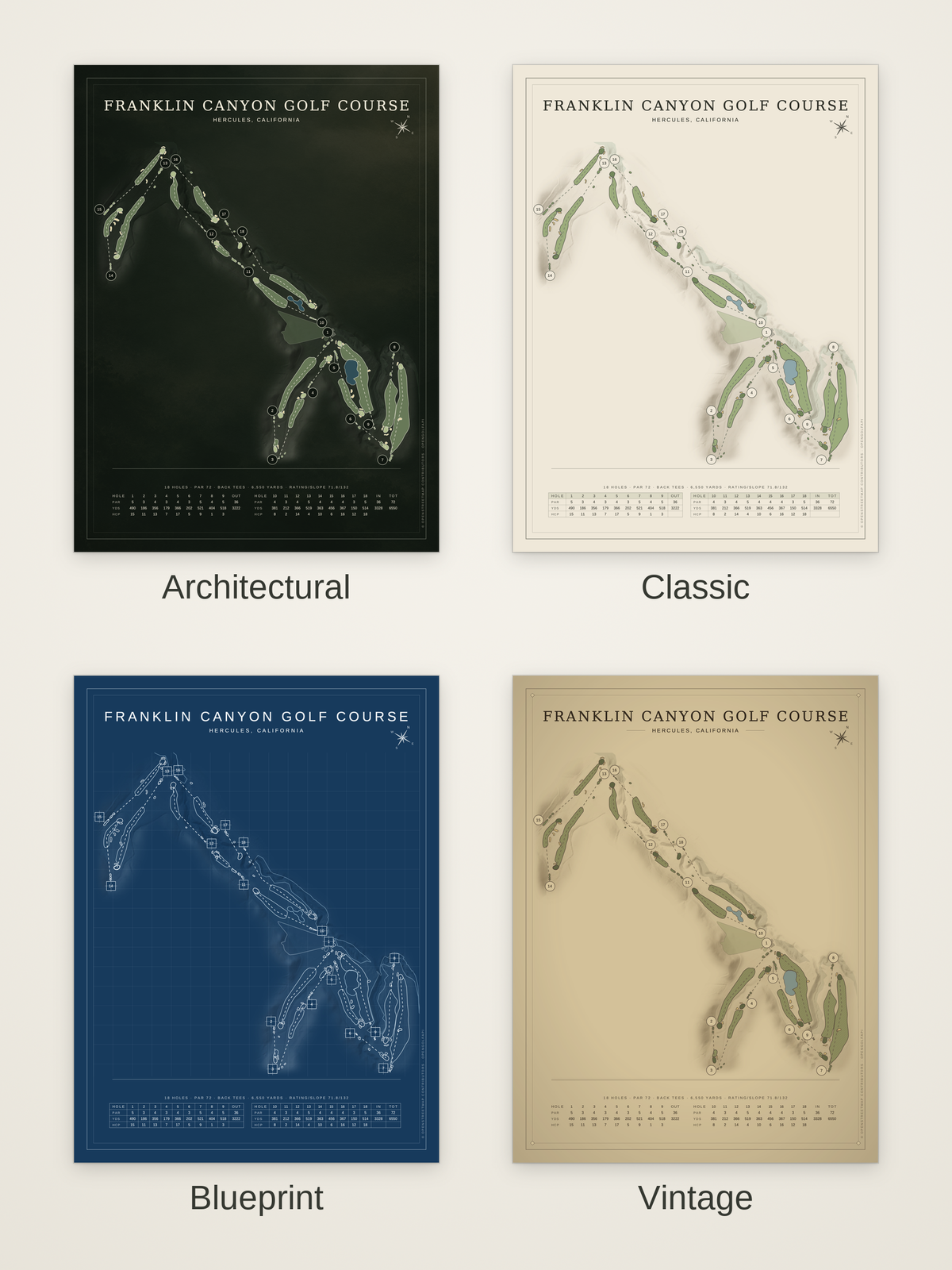 Franklin Canyon Golf Course map poster in four styles: Architectural, Classic, Blueprint and Vintage