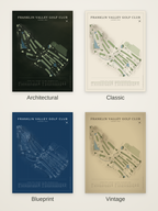 Franklin Valley Golf Club course map poster in four styles: Architectural, Classic, Blueprint and Vintage