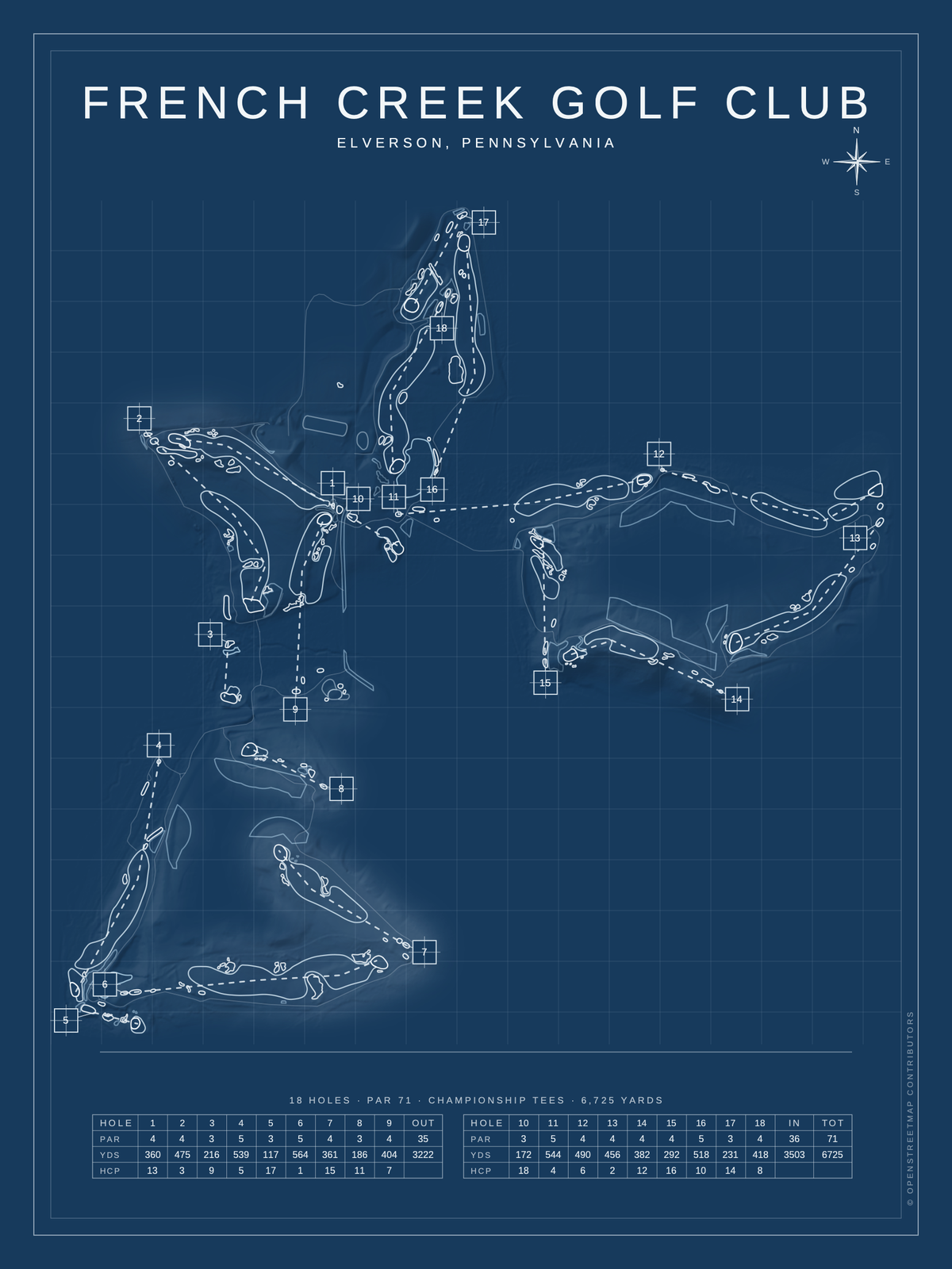 French Creek Golf Club course map poster, Blueprint style, 12×16 / 18×24