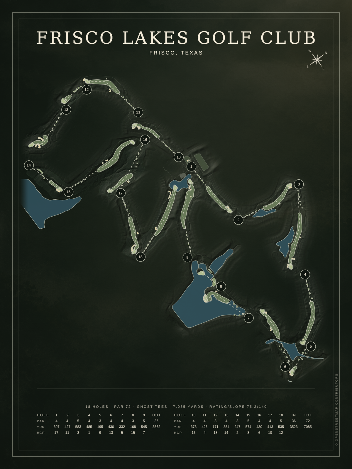 Frisco Lakes Golf Club course map poster, Architectural style, 12×16 / 18×24