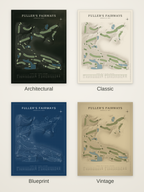 Fuller's Fairways course map poster in four styles: Architectural, Classic, Blueprint and Vintage