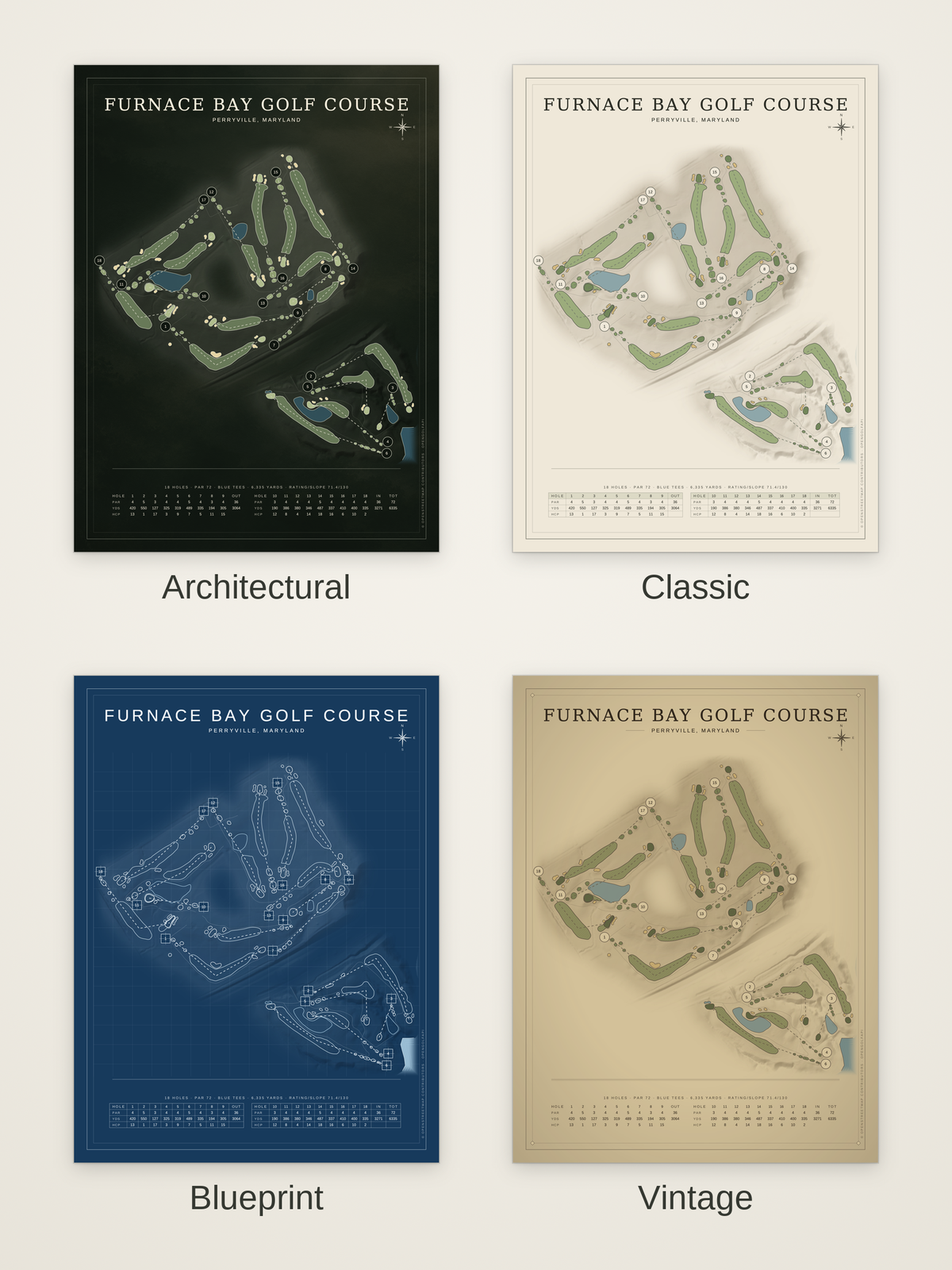 Furnace Bay Golf Course map poster in four styles: Architectural, Classic, Blueprint and Vintage