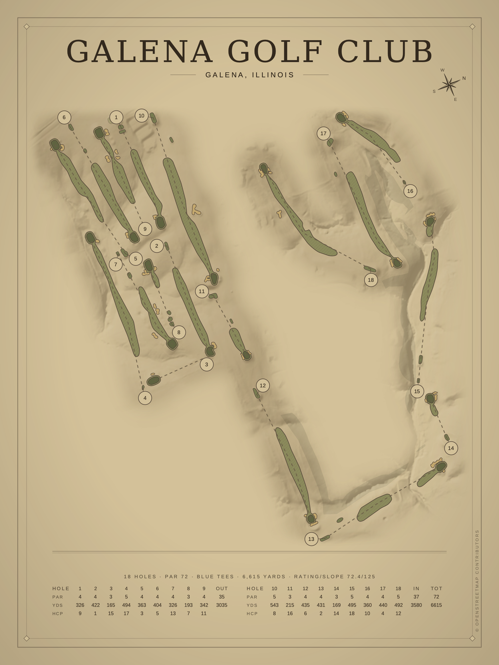 Galena Golf Club course map poster, Vintage style, 12×16 / 18×24