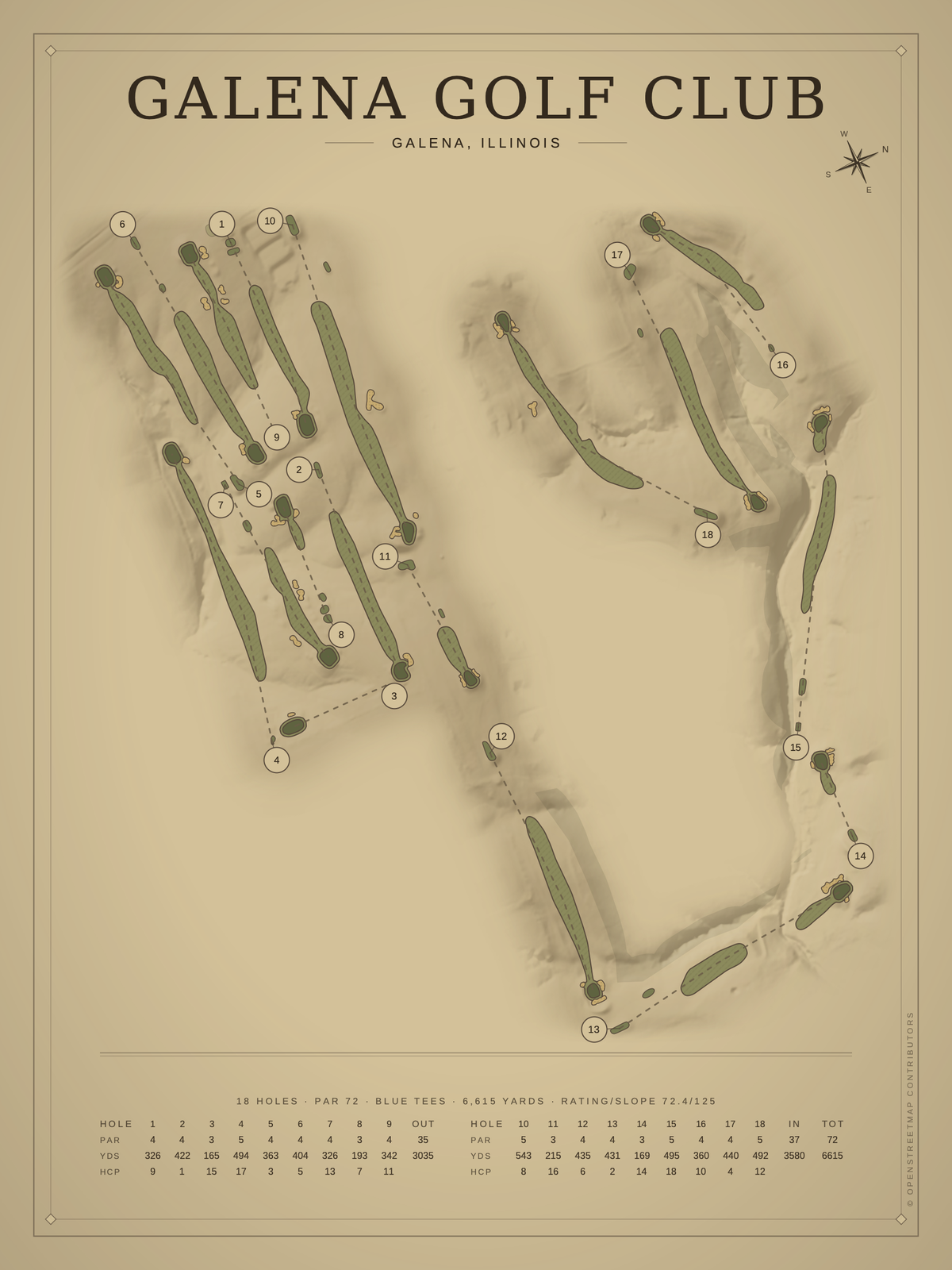 Galena Golf Club course map poster, Vintage style, 12×16 / 18×24