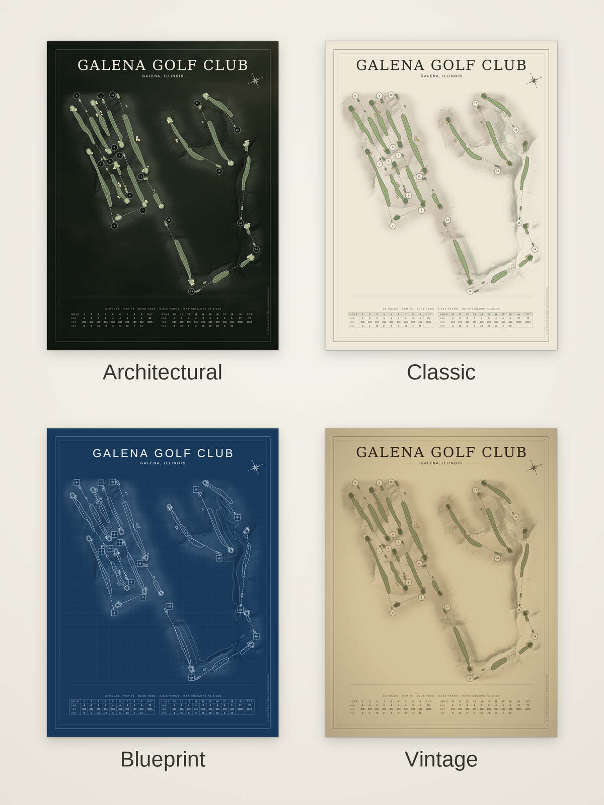 Galena Golf Club course map poster in four styles: Architectural, Classic, Blueprint and Vintage