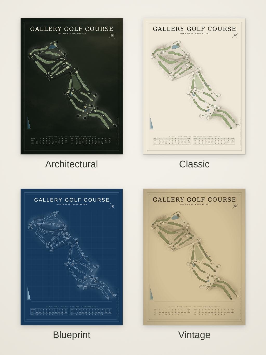 Gallery Golf Course map poster in four styles: Architectural, Classic, Blueprint and Vintage