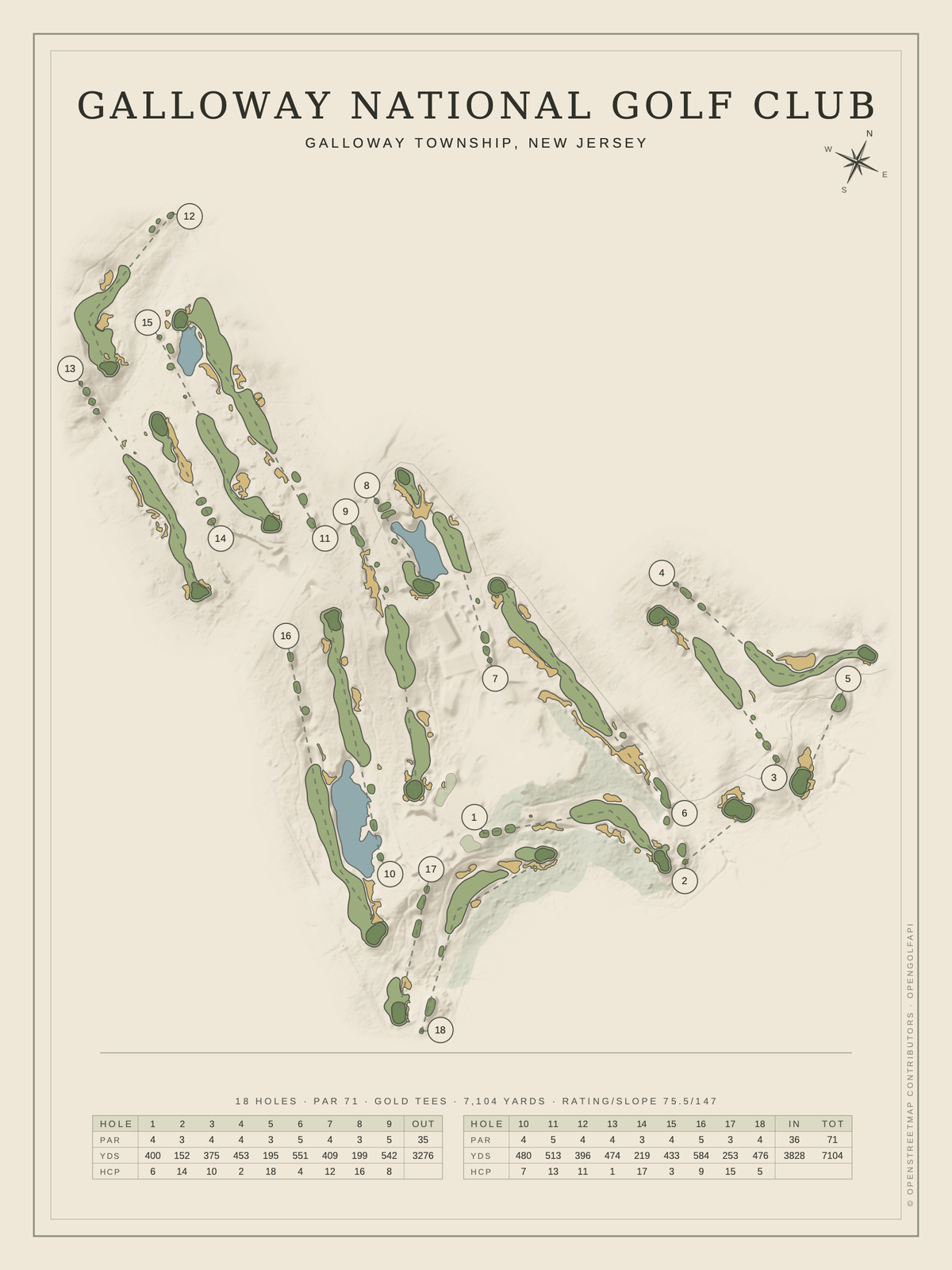 Galloway National Golf Club course map poster, Classic style, 12×16 / 18×24