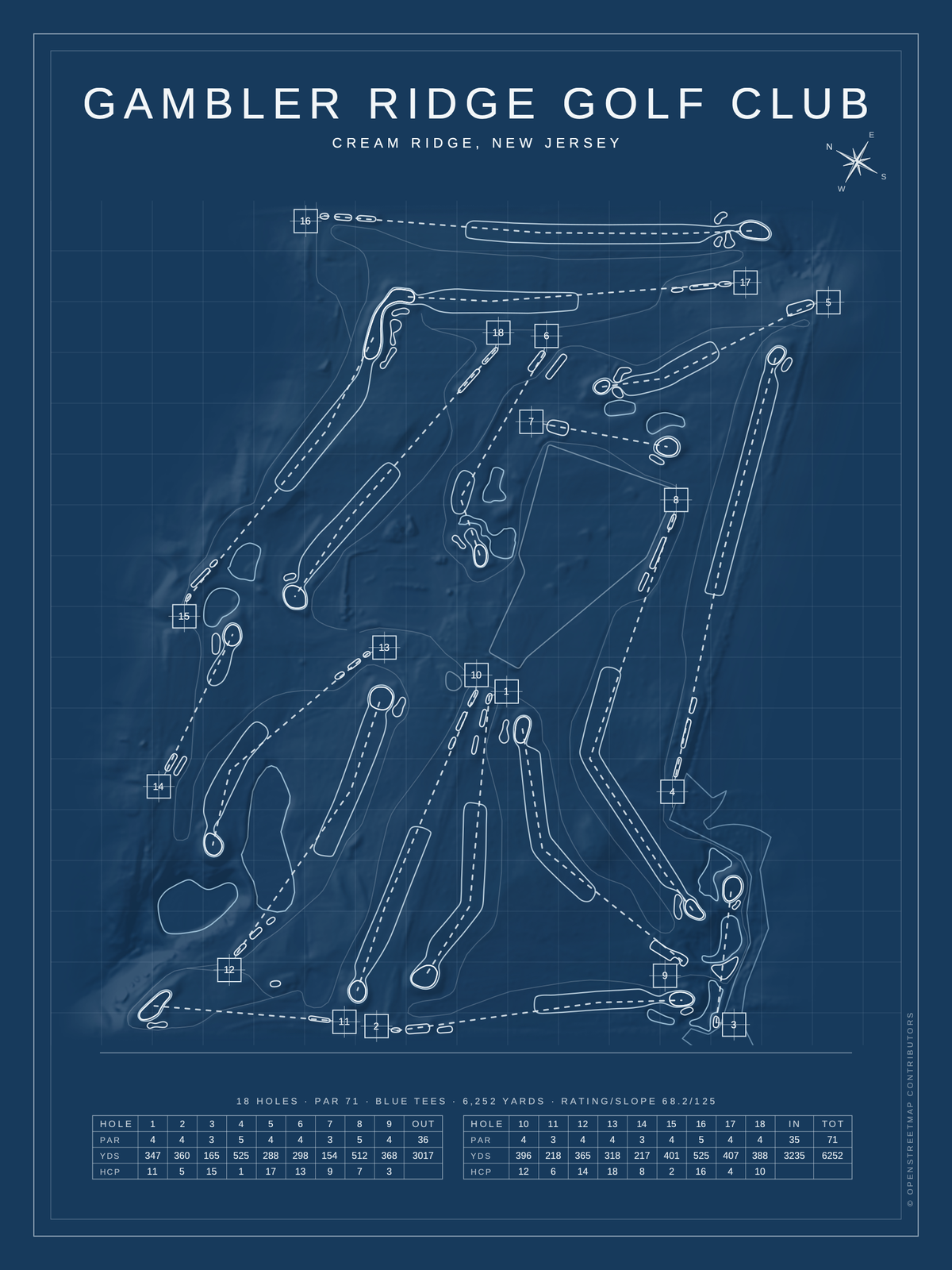Gambler Ridge Golf Club course map poster, Blueprint style, 12×16 / 18×24