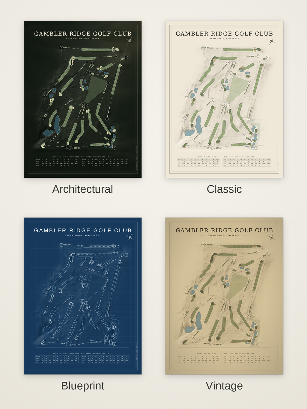 Gambler Ridge Golf Club course map poster in four styles: Architectural, Classic, Blueprint and Vintage