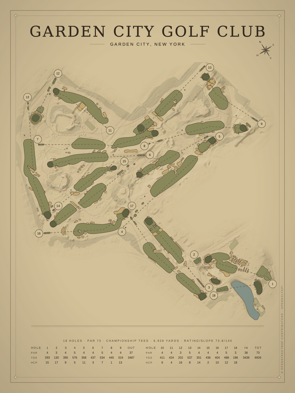 Garden City Golf Club course map poster, Vintage style, 12×16 / 18×24