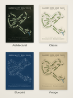 Garden City Golf Club course map poster in four styles: Architectural, Classic, Blueprint and Vintage