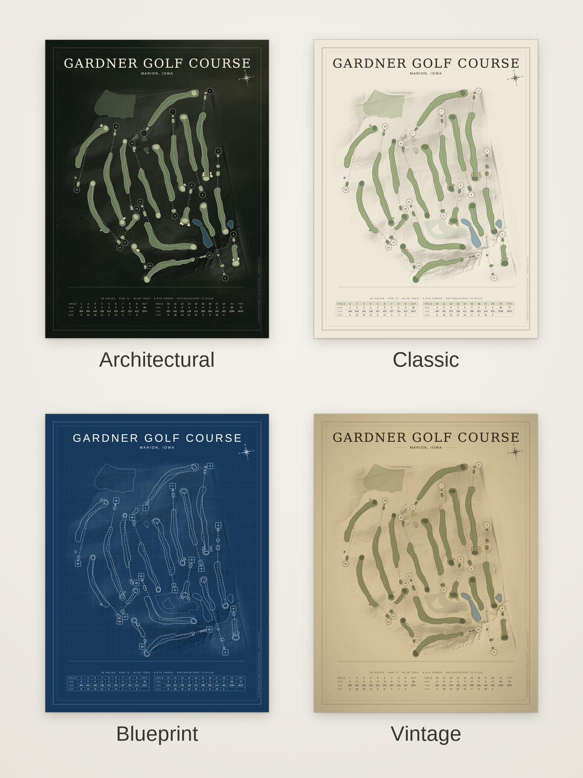 Gardner Golf Course map poster in four styles: Architectural, Classic, Blueprint and Vintage