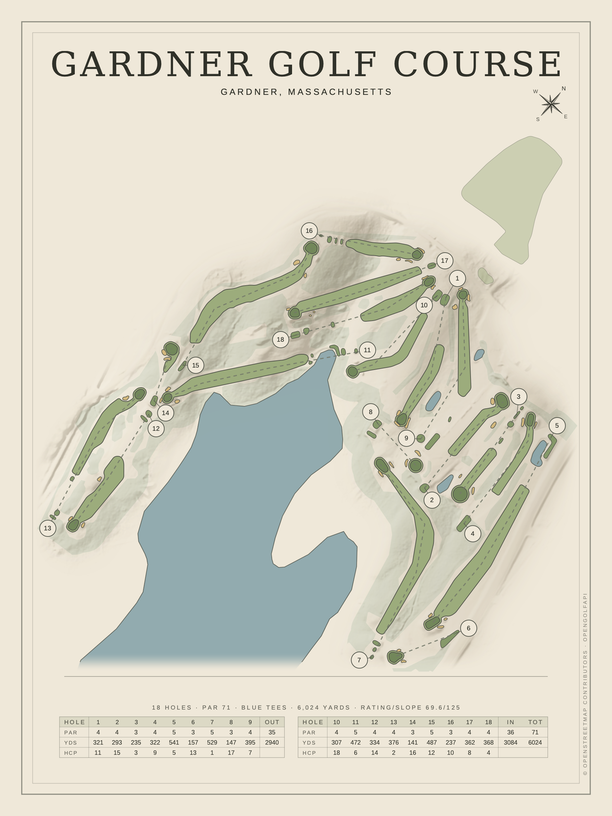 Gardner Golf Course (Massachusetts) course map poster, Classic style, 12×16 / 18×24