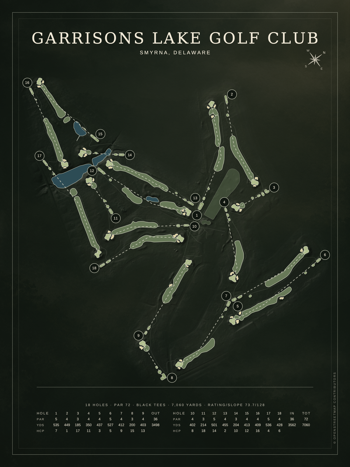 Garrisons Lake Golf Club course map poster, Architectural style, 12×16 / 18×24