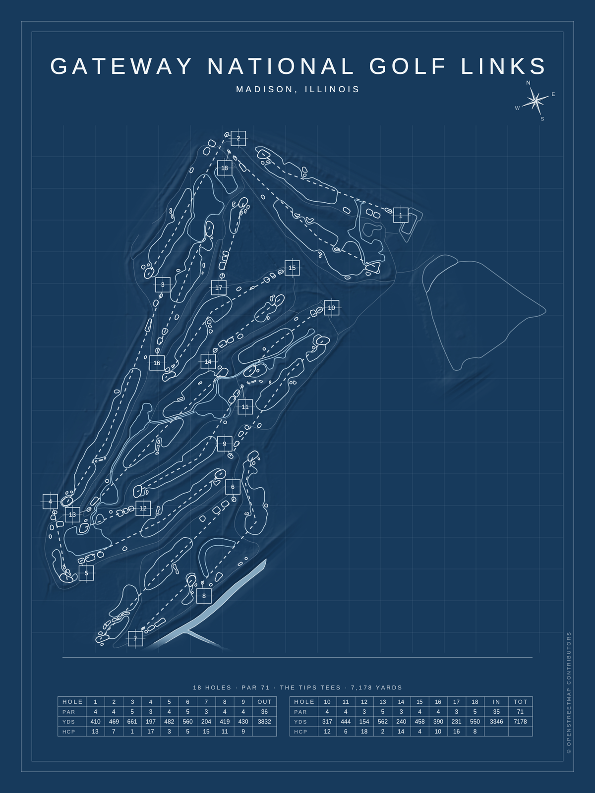 Gateway National Golf Links course map poster, Blueprint style, 12×16 / 18×24