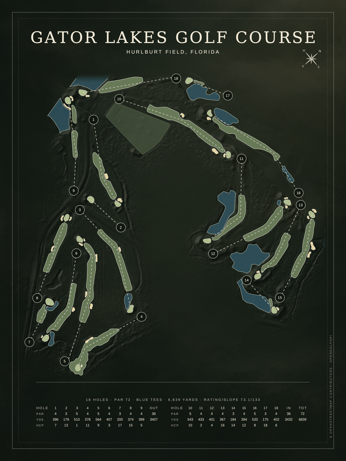 Gator Lakes Golf Course map poster, Architectural style, 12×16 / 18×24