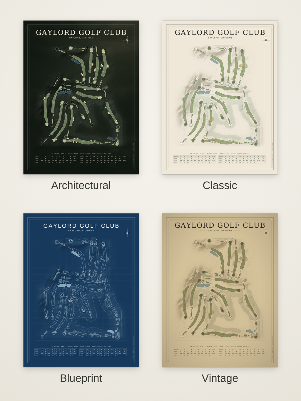 Gaylord Golf Club course map poster in four styles: Architectural, Classic, Blueprint and Vintage