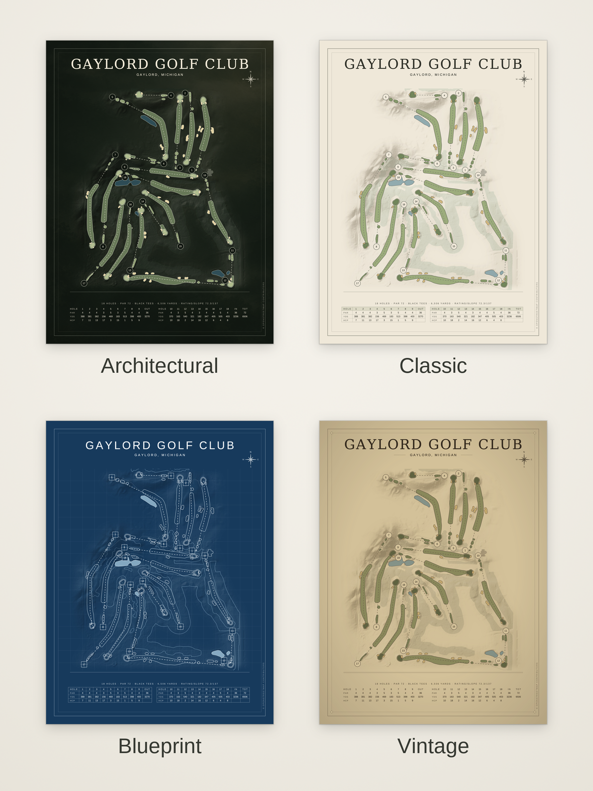 Gaylord Golf Club course map poster in four styles: Architectural, Classic, Blueprint and Vintage