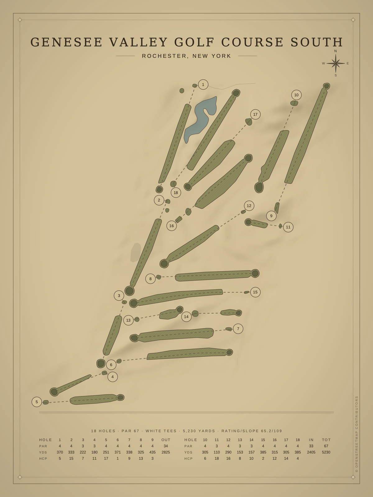 Genesee Valley Golf Course South course map poster, Vintage style, 12×16 / 18×24