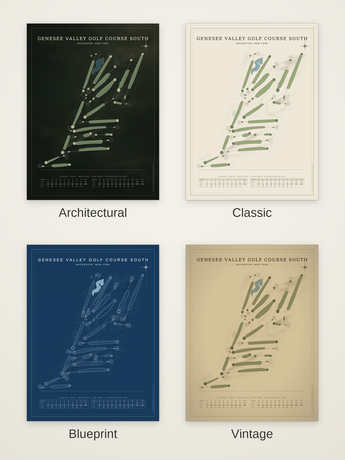 Genesee Valley Golf Course South course map poster in four styles: Architectural, Classic, Blueprint and Vintage