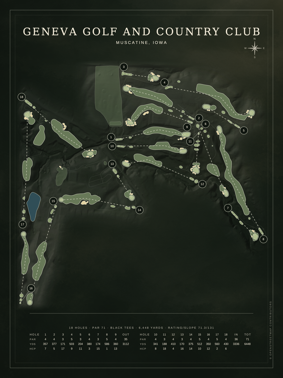 Geneva Golf and Country Club course map poster, Architectural style, 12×16 / 18×24
