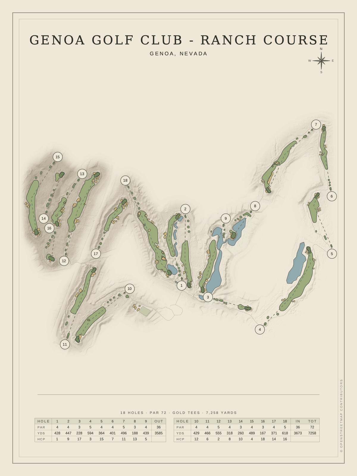Genoa Golf Club - Ranch Course map poster, Classic style, 12×16 / 18×24