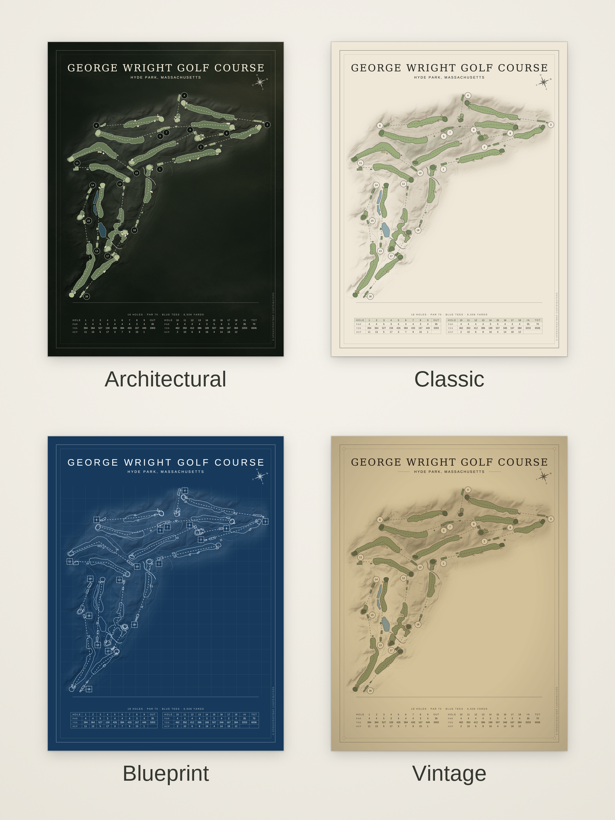 George Wright Golf Course map poster in four styles: Architectural, Classic, Blueprint and Vintage