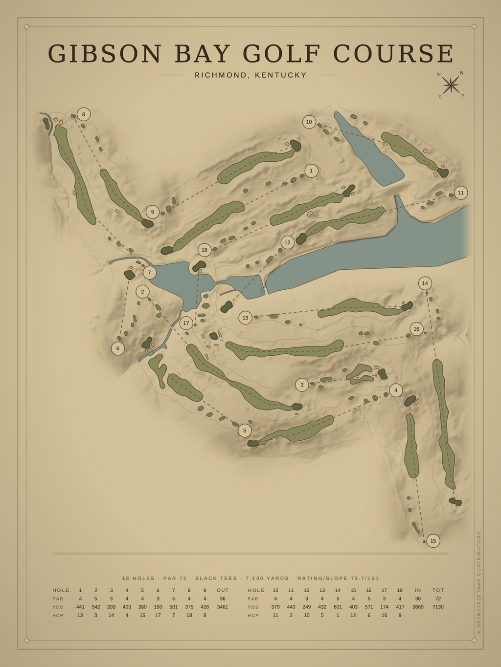 Gibson Bay Golf Course map poster, Vintage style, 12×16 / 18×24
