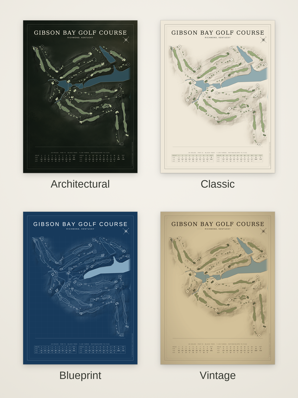 Gibson Bay Golf Course map poster in four styles: Architectural, Classic, Blueprint and Vintage