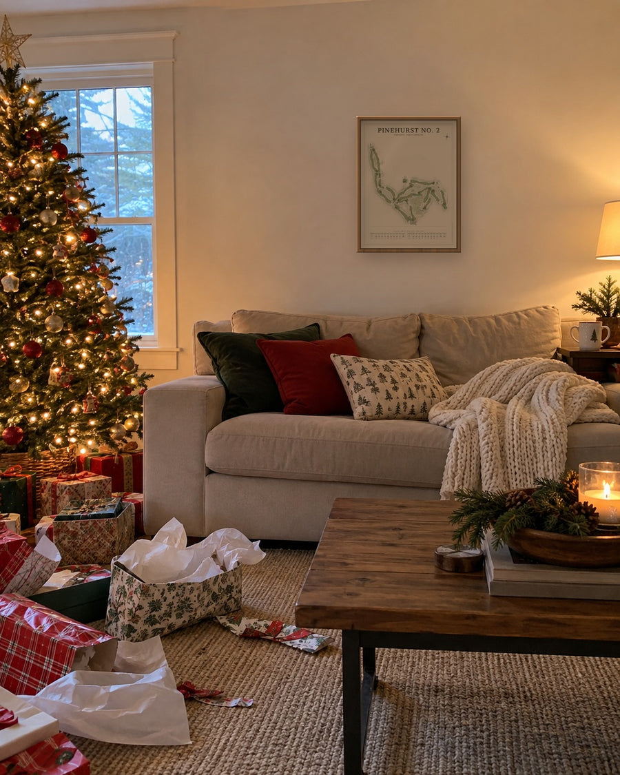 Framed Pinehurst No. 2 map in a living room at Christmas