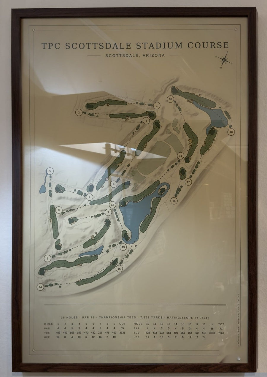 Framed TPC Scottsdale Stadium Course map in espresso, hanging in a gift shop