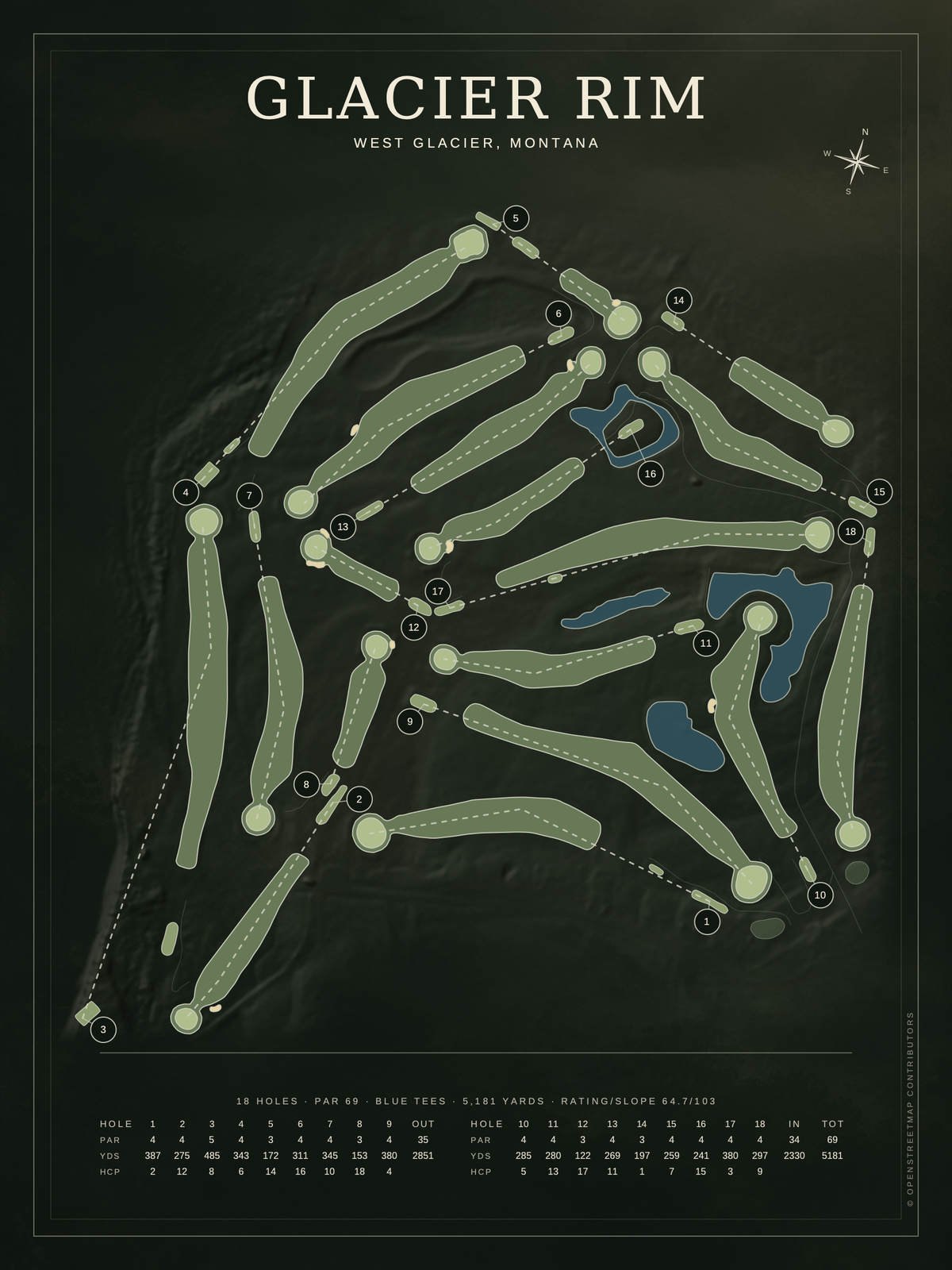 Glacier Rim course map poster, Architectural style, 12×16 / 18×24