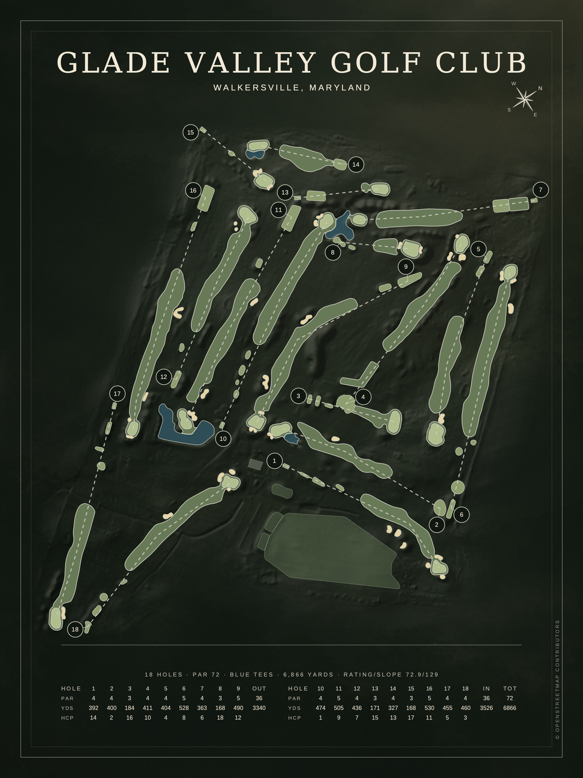 Glade Valley Golf Club course map poster, Architectural style, 12×16 / 18×24