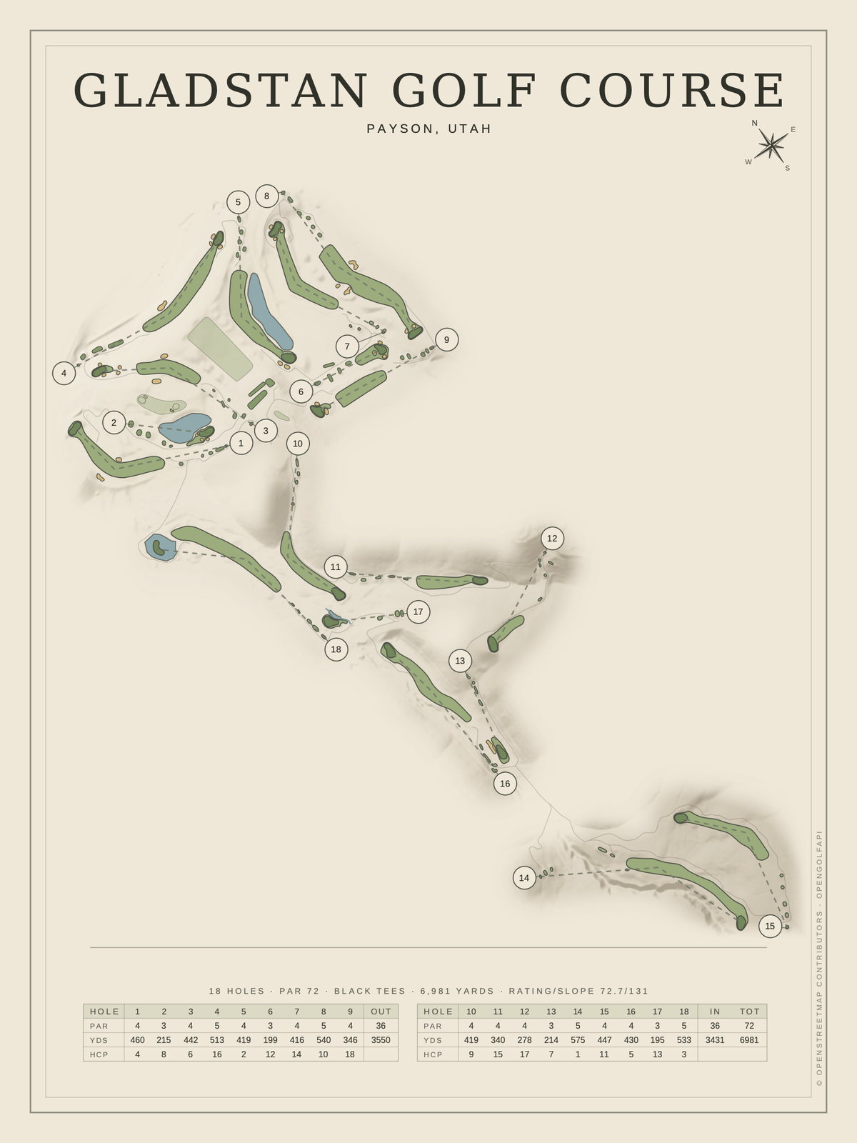 Gladstan Golf Course map poster, Classic style, 12×16 / 18×24