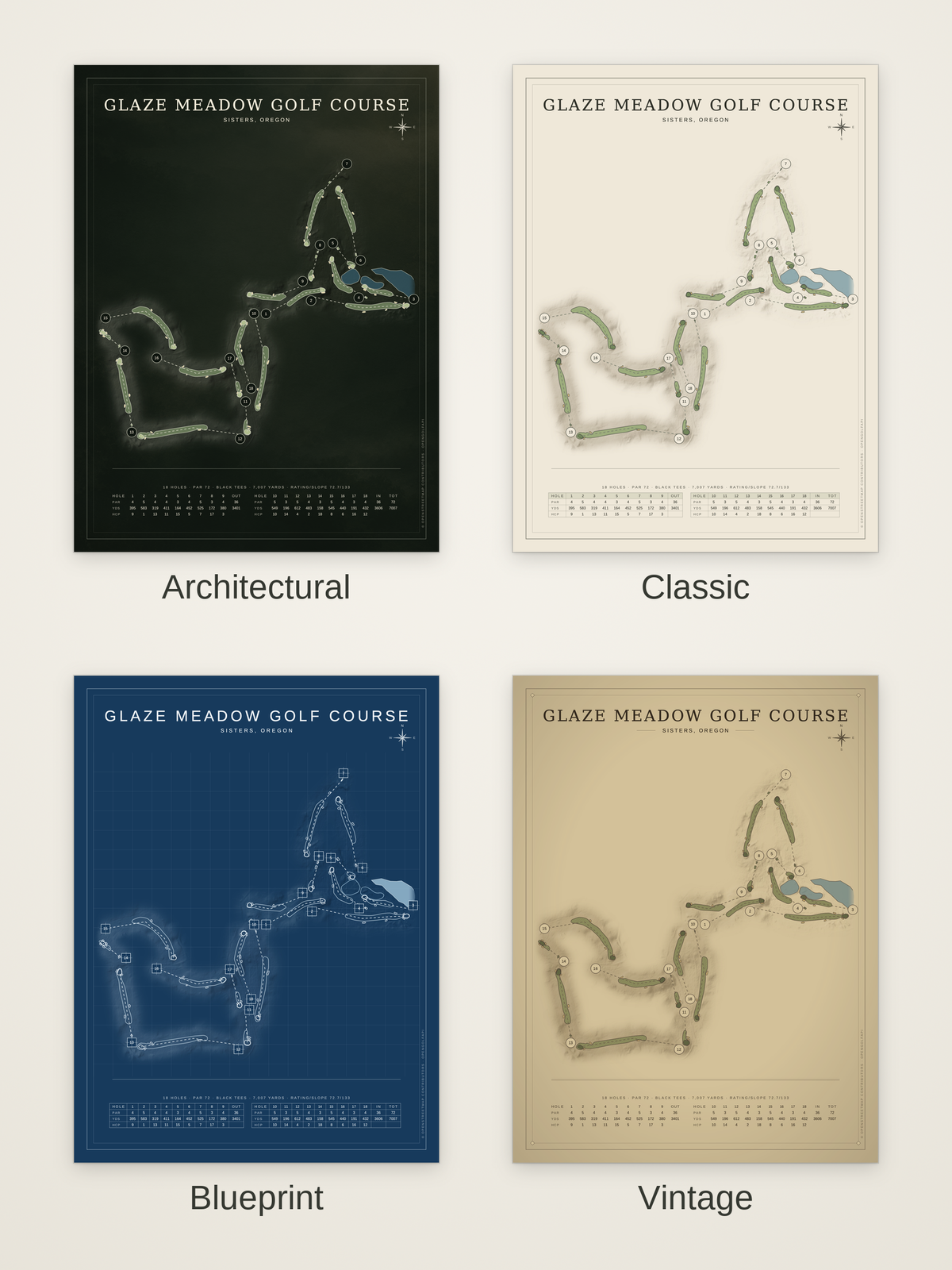Glaze Meadow Golf Course map poster in four styles: Architectural, Classic, Blueprint and Vintage