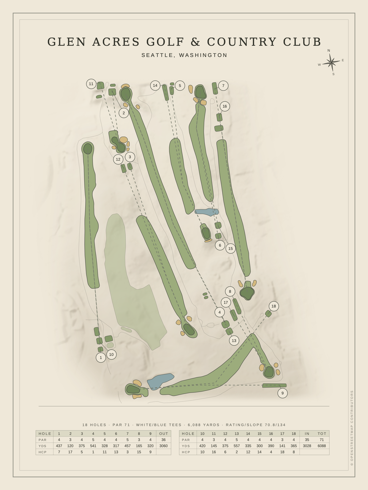 Glen Acres Golf & Country Club course map poster, Classic style, 12×16 / 18×24