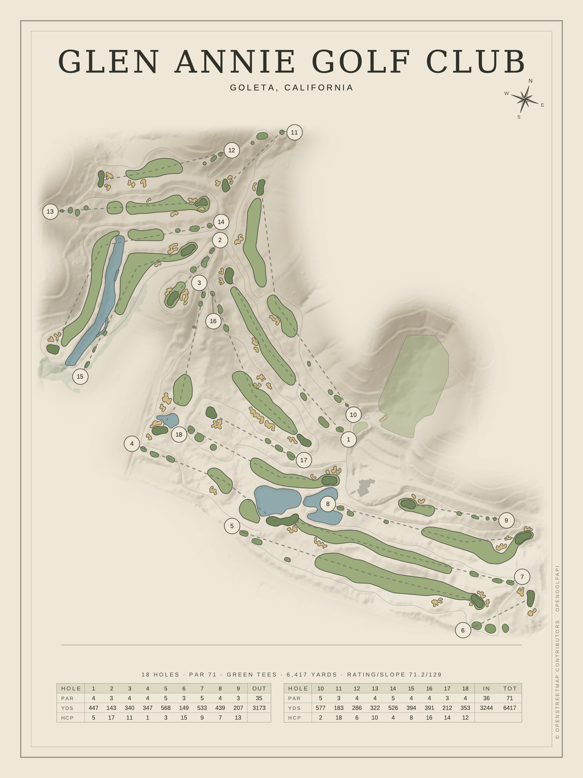 Glen Annie Golf Club course map poster, Classic style, 12×16 / 18×24