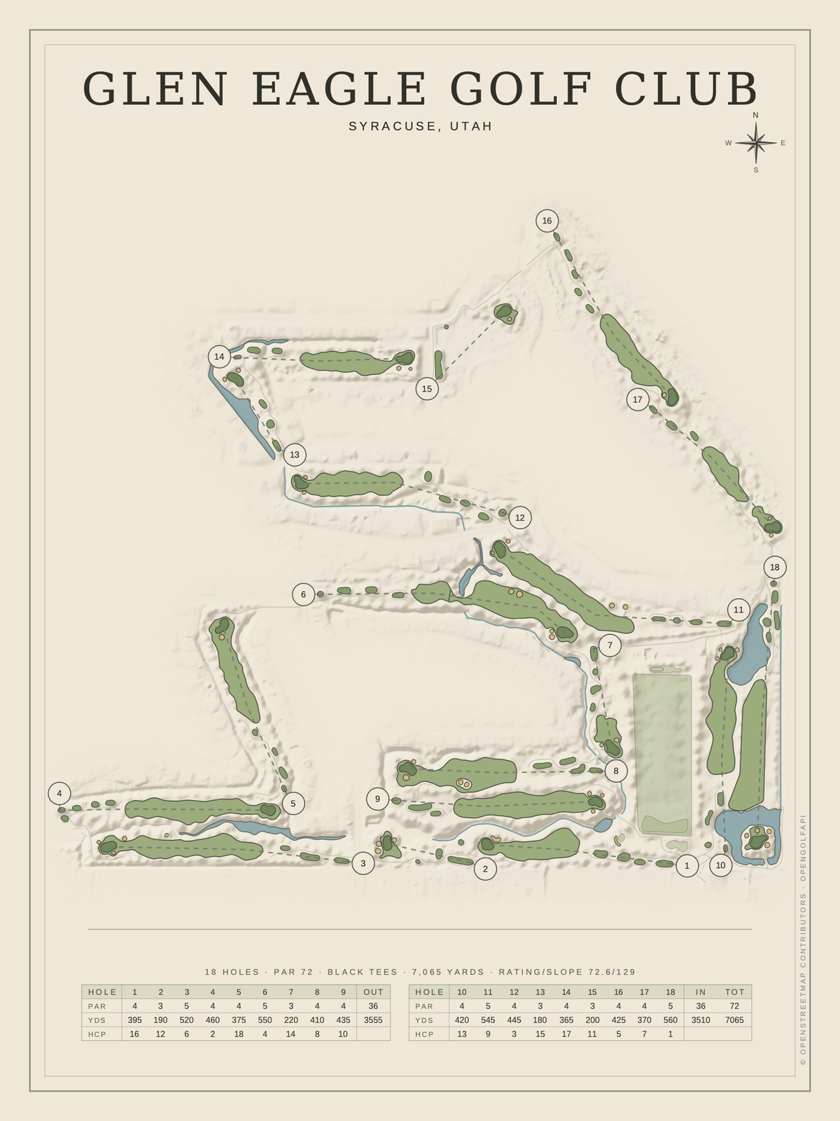 Glen Eagle Golf Club course map poster, Classic style, 12×16 / 18×24