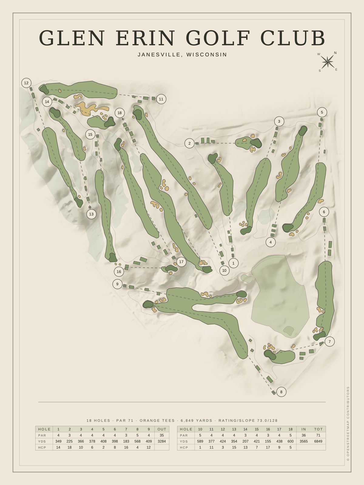 Glen Erin Golf Club course map poster, Classic style, 12×16 / 18×24