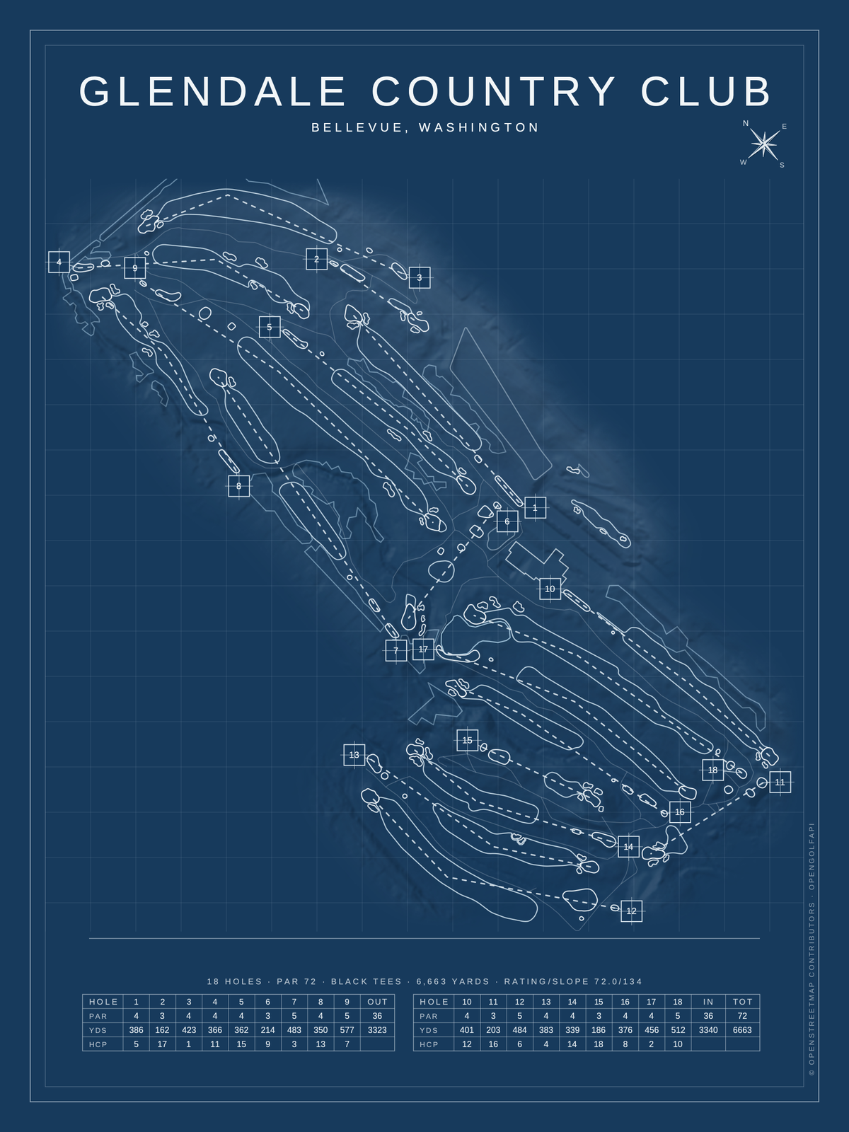 Glendale Country Club course map poster, Blueprint style, 12×16 / 18×24