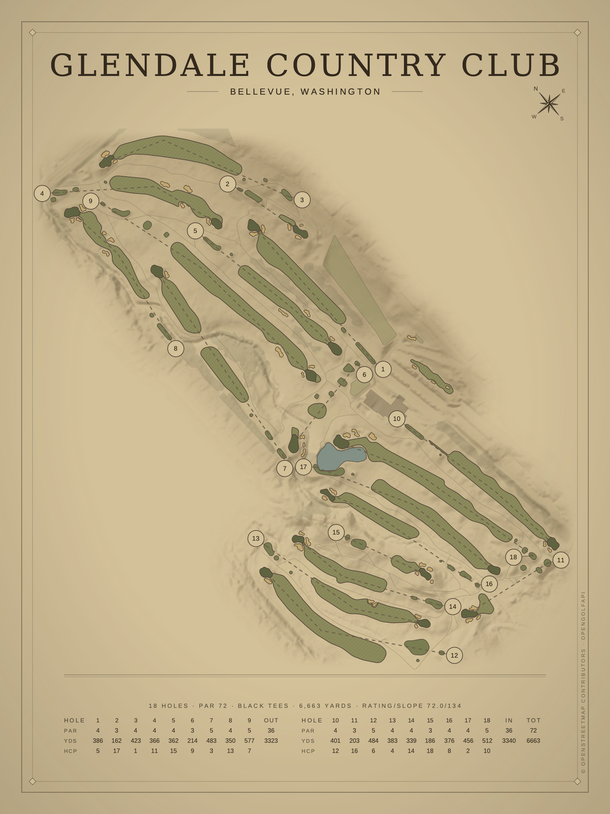 Glendale Country Club course map poster, Vintage style, 12×16 / 18×24
