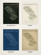 Glendale Country Club course map poster in four styles: Architectural, Classic, Blueprint and Vintage