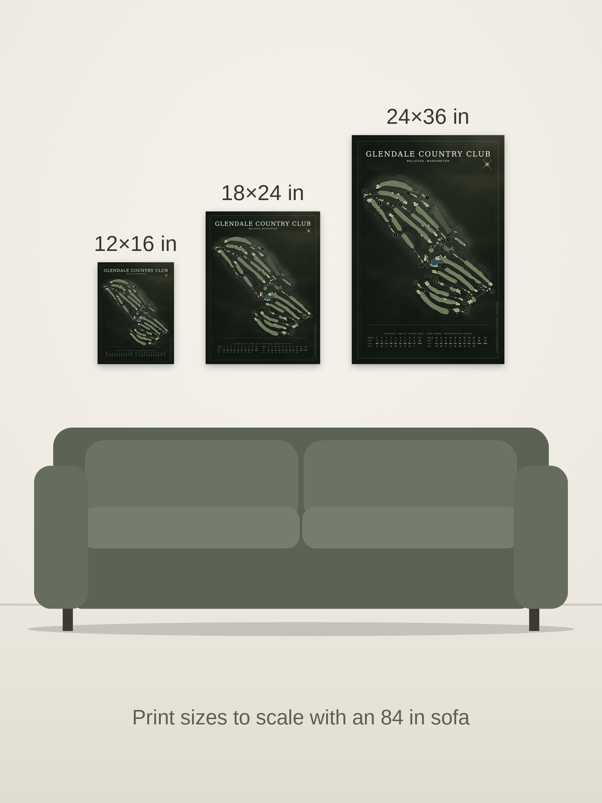 Glendale Country Club course map poster in the Architectural style at 12×16, 18×24 and 24×36 inches, shown to scale on a wall above an 84-inch sofa