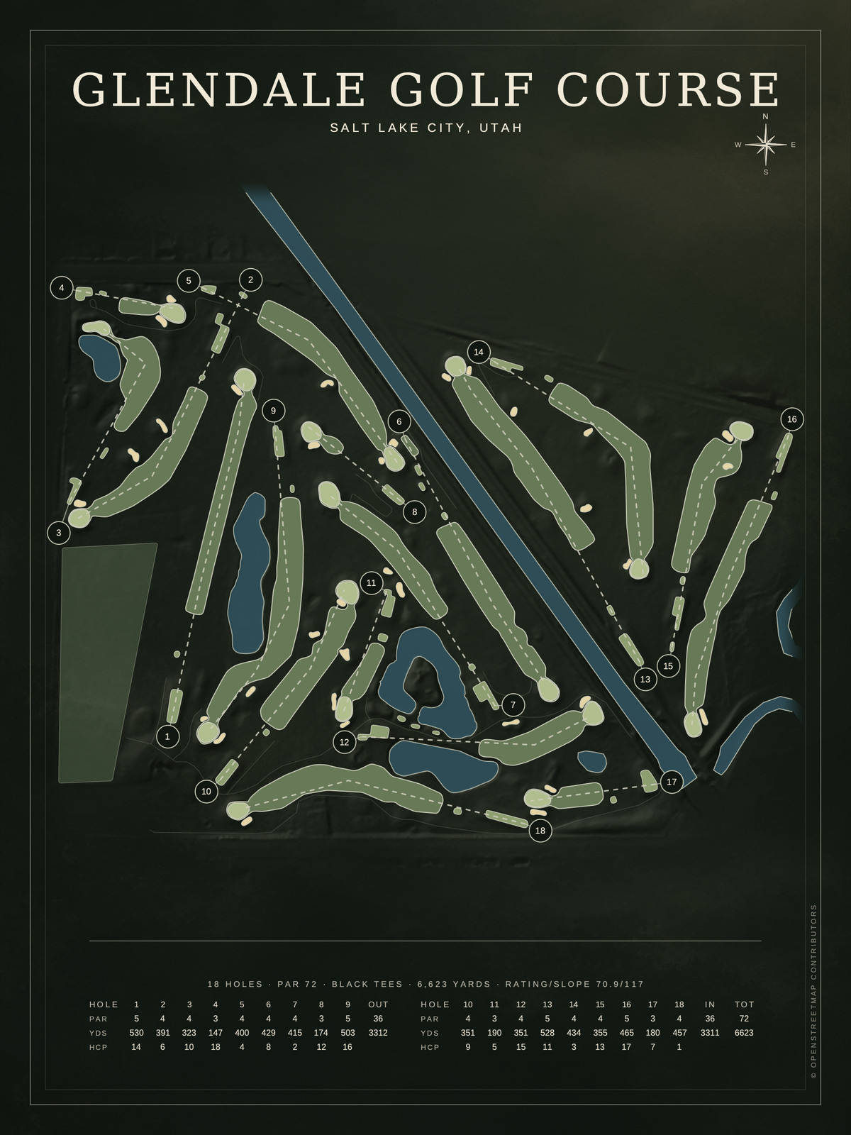 Glendale Golf Course map poster, Architectural style, 12×16 / 18×24