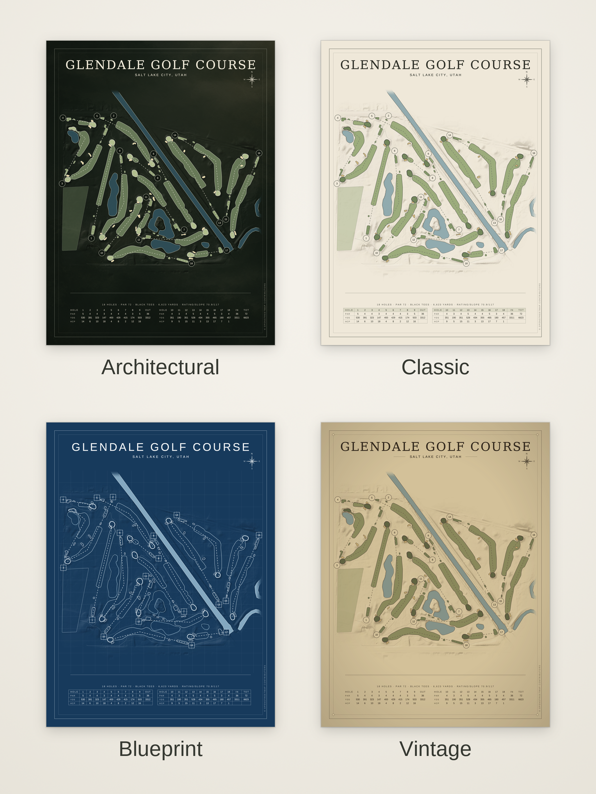 Glendale Golf Course map poster in four styles: Architectural, Classic, Blueprint and Vintage